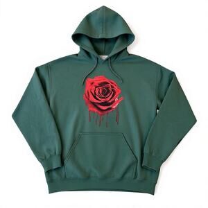The End Men Blood Rose Long Sleeves Green Hoodie with Drawstring Size M